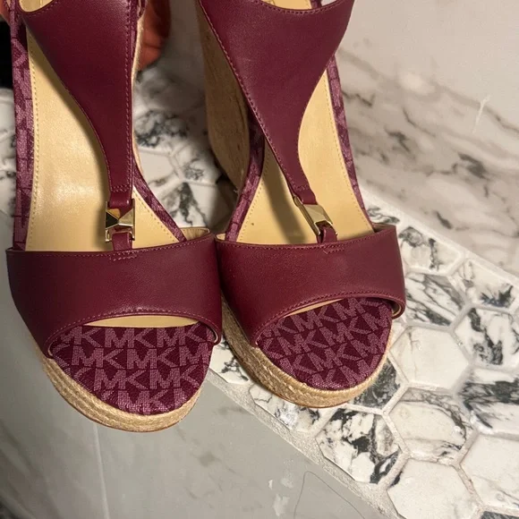 Michael Kors Burgundy and Tan Wedge Sandals - Picture 15 of 16